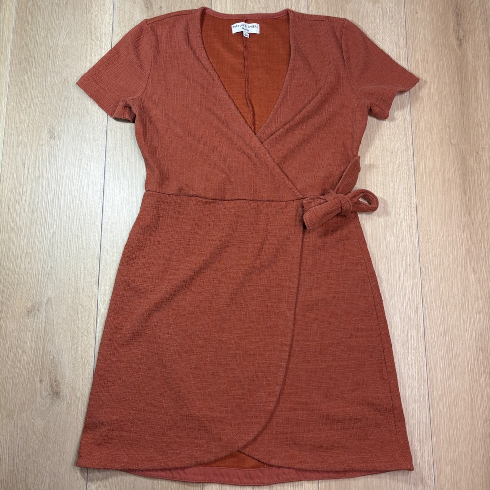Madewell Texture & Thread Rust Orange Wrap Mini Dress Small Short Sleeve V-Neck